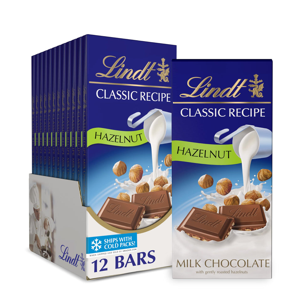 Lindt Classic Recipe Hazelnut Milk Chocolate Bar unwrapped showing smooth texture and hazelnut aroma