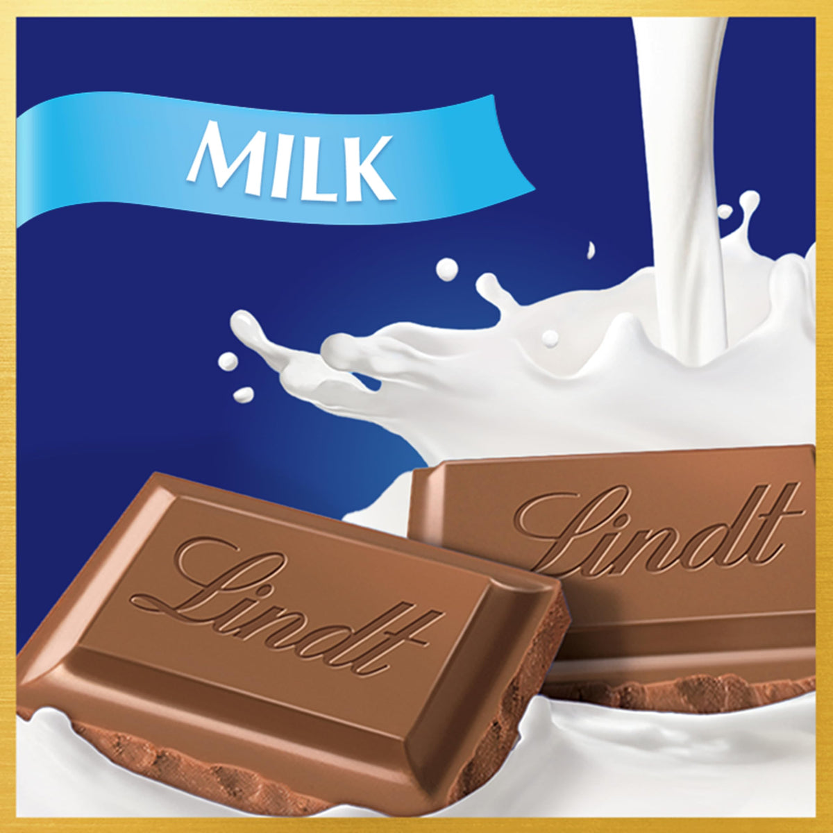 Lindt milk chocolate bar close-up texture smooth and creamy made with premium ingredients.