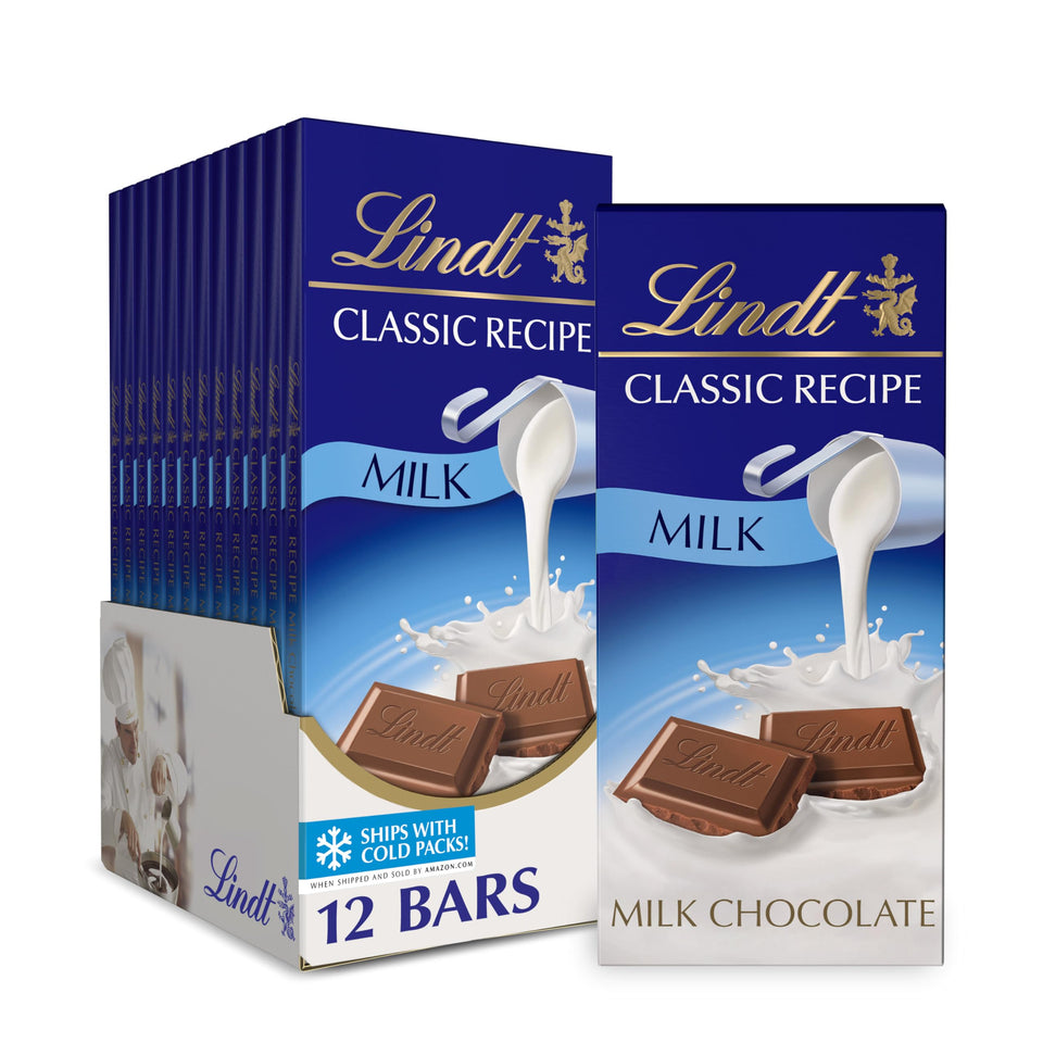 Lindt CLASSIC RECIPE Milk Chocolate Bar 12-pack display for gifting and sharing.