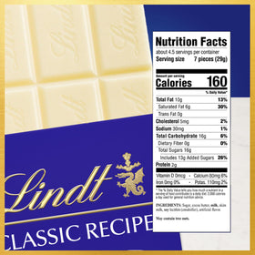 Lindt Classic Recipe White Chocolate Bar dinner dessert option with smooth finish.