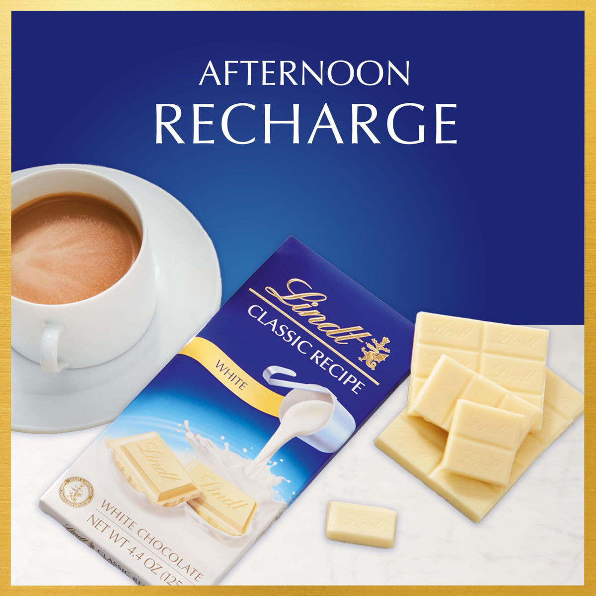 Lindt Classic Recipe White Chocolate Bar with smooth melt ideal for desserts.