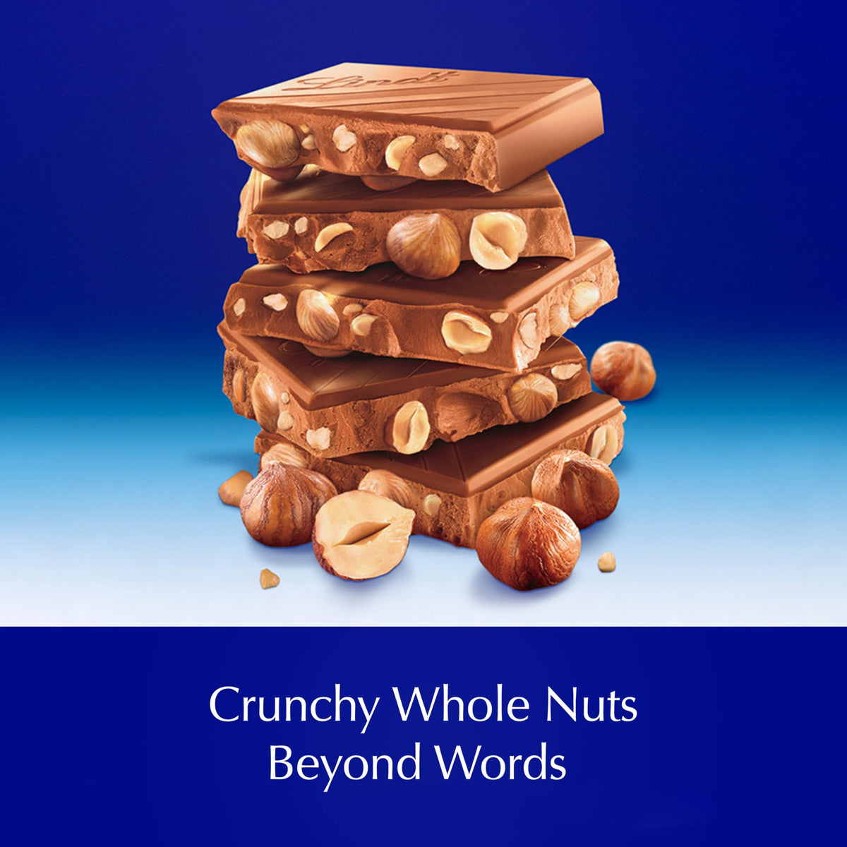 Visible hazelnuts and caramelized pieces in Lindt Classic Recipe bar, premium indulgence.