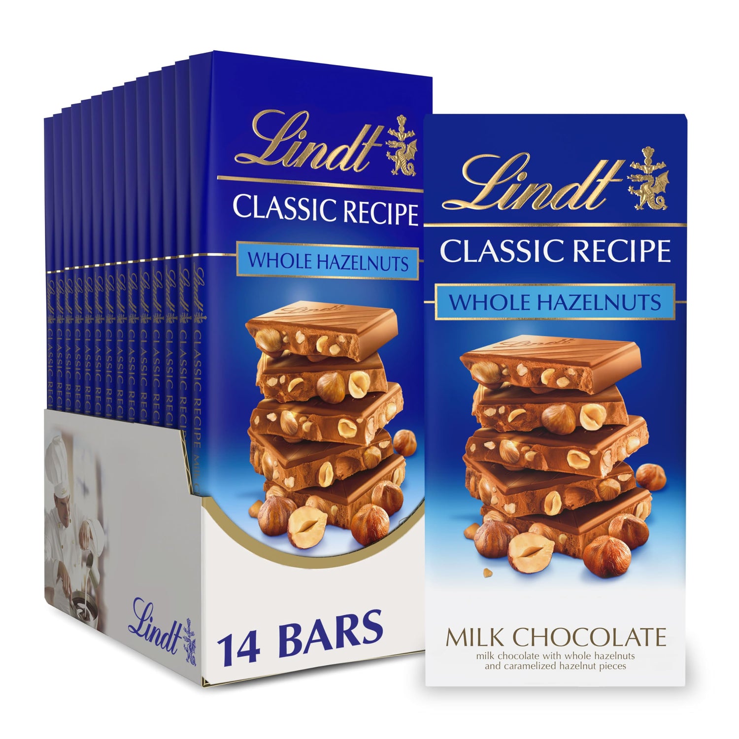 Lindt Classic Recipe Whole Hazelnut Milk Chocolate Bar hero image, ideal for gifting or sharing.