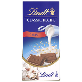 Serving time with Lindt Crispy Milk Bar, ideal snack.
