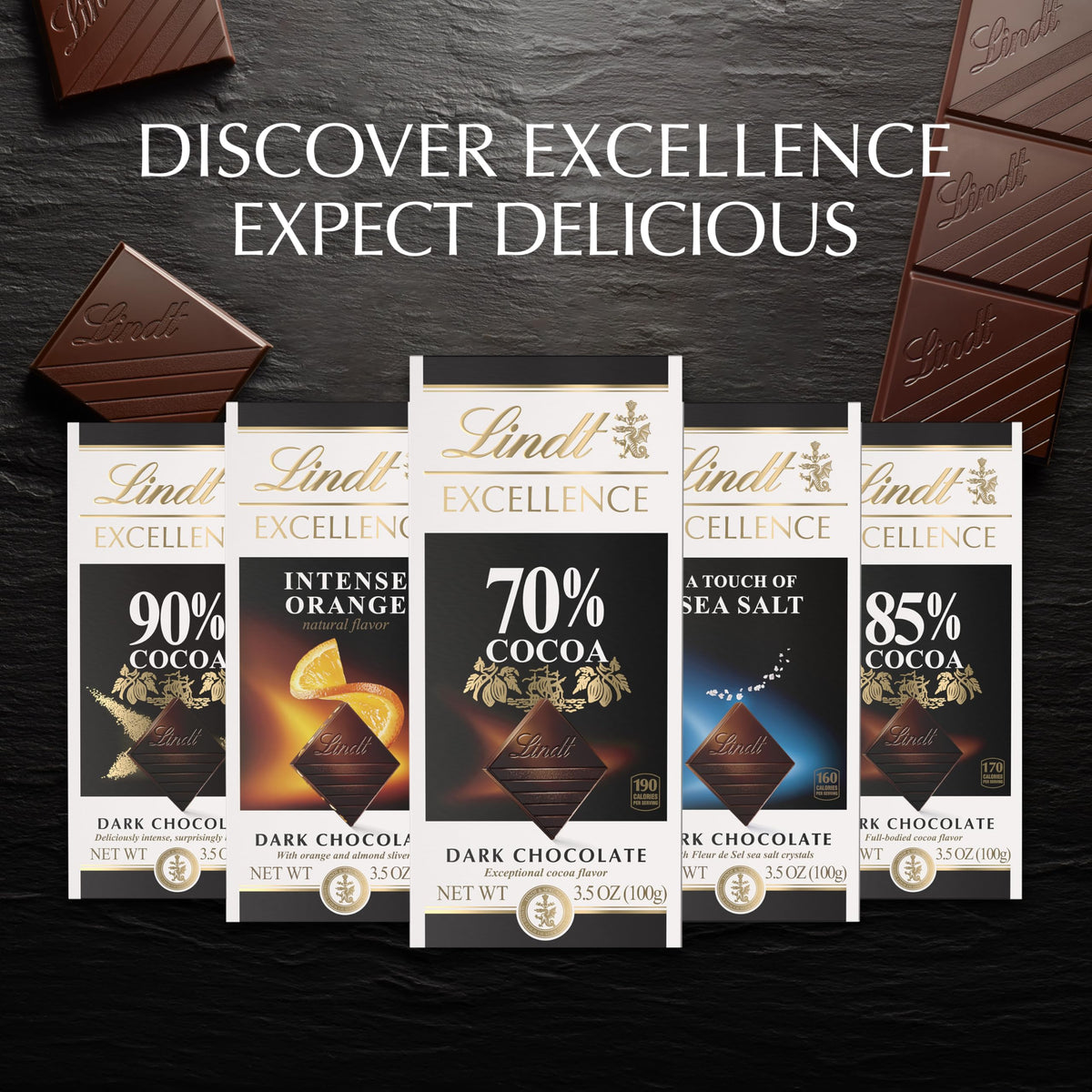Lindt EXCELLENCE 70% silk texture closeup—luxury mouthfeel.