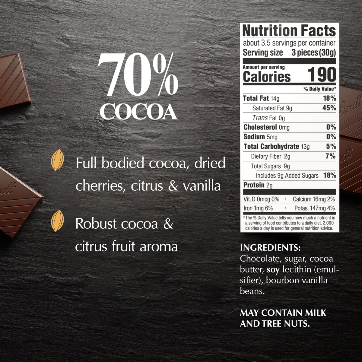 Lindt EXCELLENCE 70% with wine glass—great pairing with cabernet sauvignon.