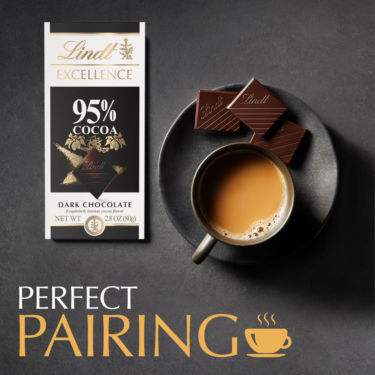 Lindt EXCELLENCE 95% bar close-up cocoa notes and rich texture.
