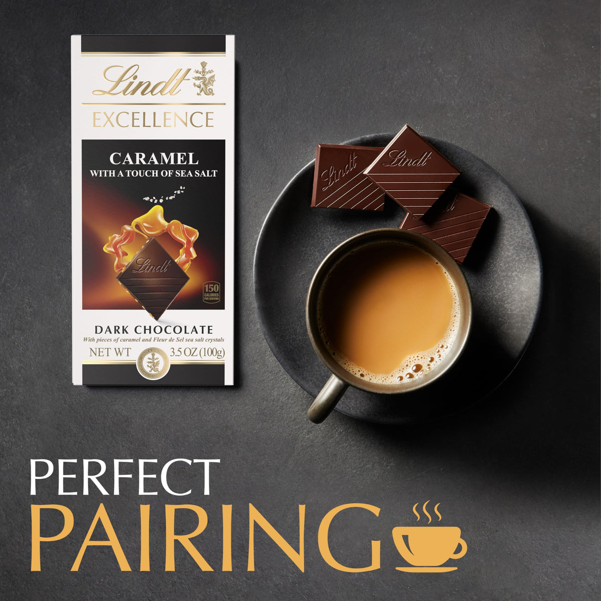 Close-up of Lindt EXCELLENCE bar with caramel pieces and sea salt