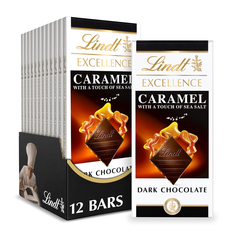 Lindt EXCELLENCE Caramel Sea Salt bar package, ideal gift for chocolate lovers