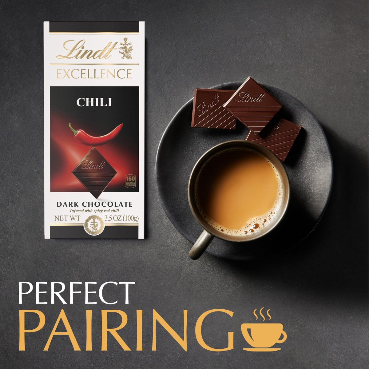 Lindt EXCELLENCE Chili bar slices shown for convenient tasting portions.