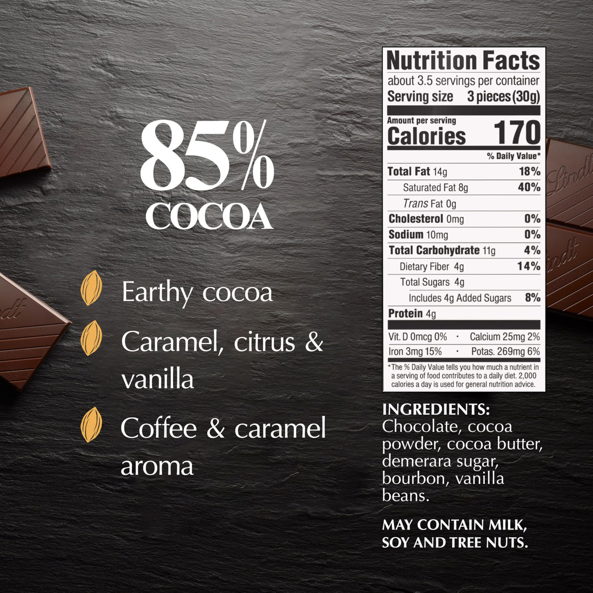 Close-up of cocoa notes and aroma in Lindt Excellence 85% chocolate