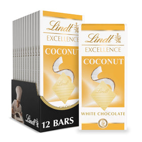 Lindt EXCELLENCE coconut white chocolate bar with coconut flakes for tropical sweetness.
