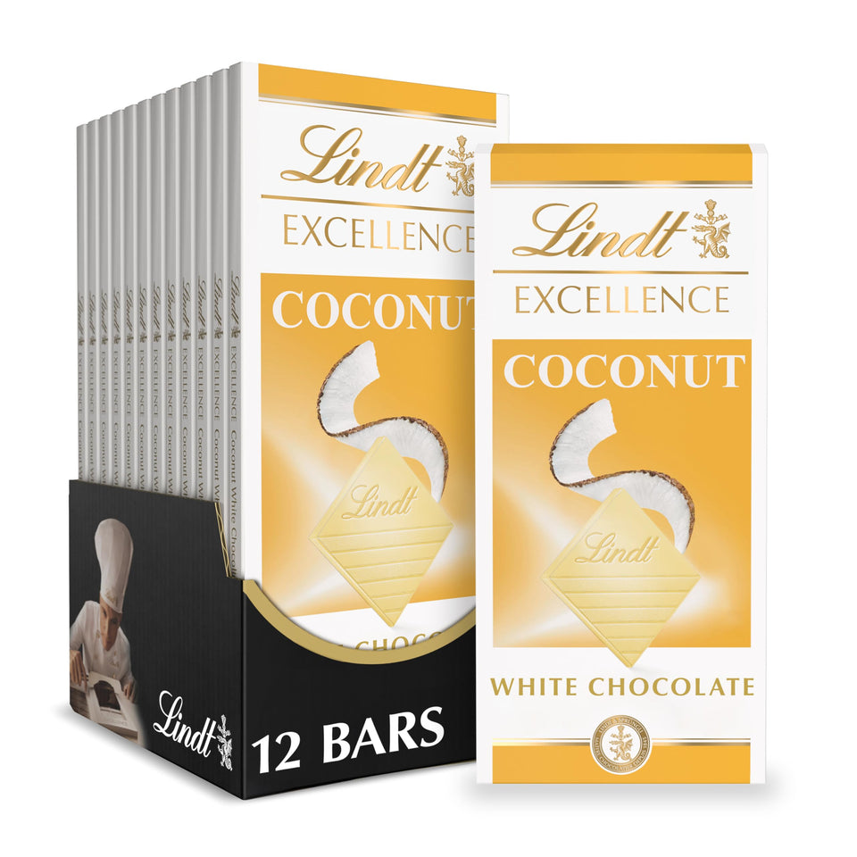 Lindt EXCELLENCE coconut white chocolate bar with coconut flakes for tropical sweetness.