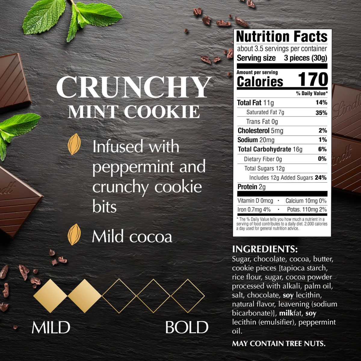 Mint cookie pieces visible in Lindt chocolate for texture.