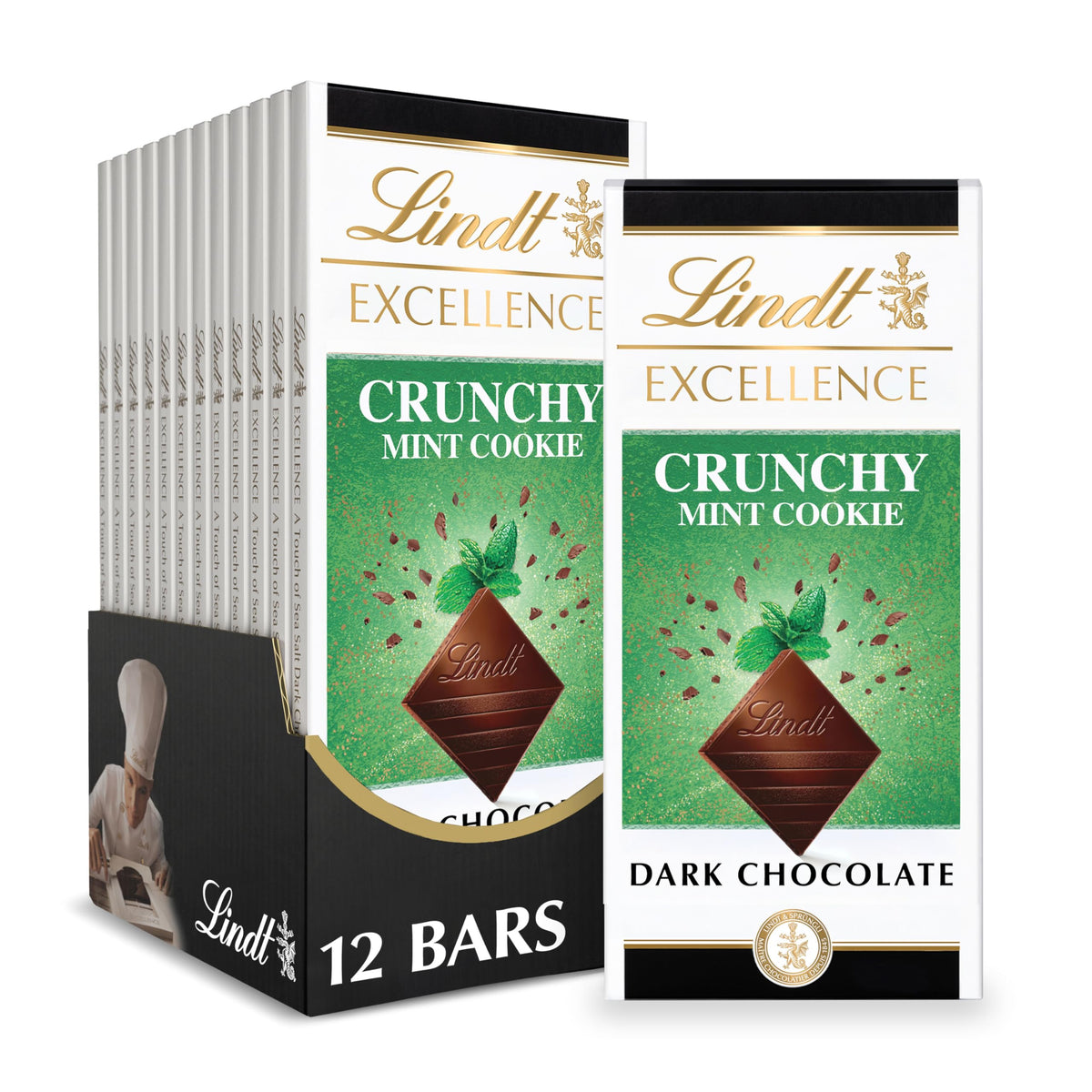 Lindt EXCELLENCE Crunchy Mint Cookie bars pack, ideal for gifting.