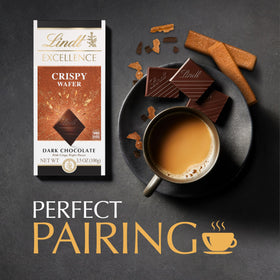 Lindt EXCELLENCE Crispy Wafer dark chocolate closeup shows smooth texture and wafer crunch.
