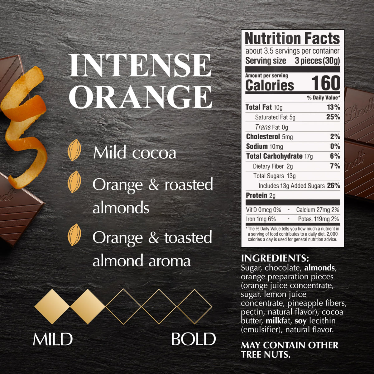Lindt EXCELLENCE Intense Orange bar foil wrap highlights premium presentation.