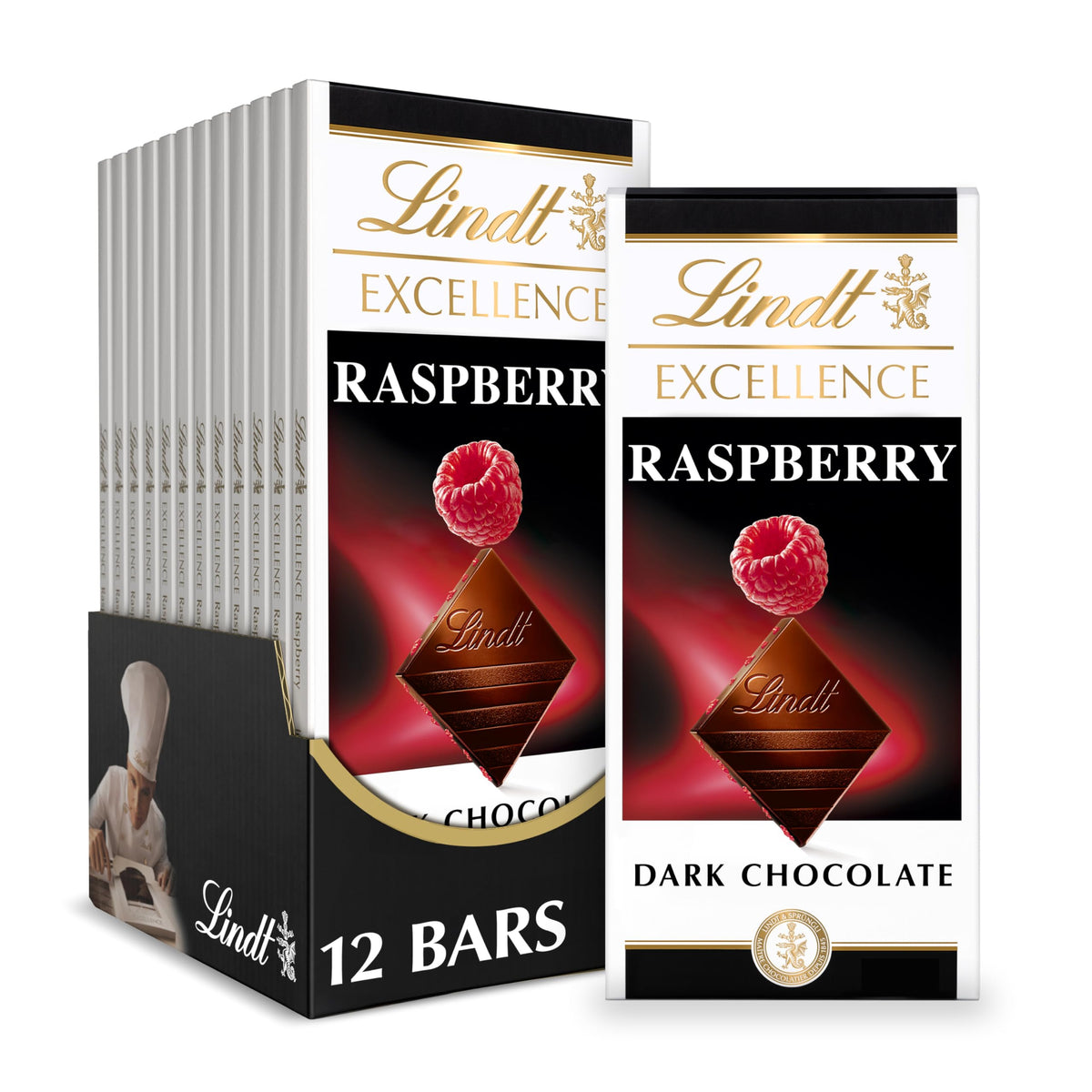 Lindt Excellence Raspberry dark chocolate bar with premium flavor and smooth finish.