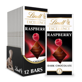 Lindt Excellence Raspberry dark chocolate bar with premium flavor and smooth finish.
