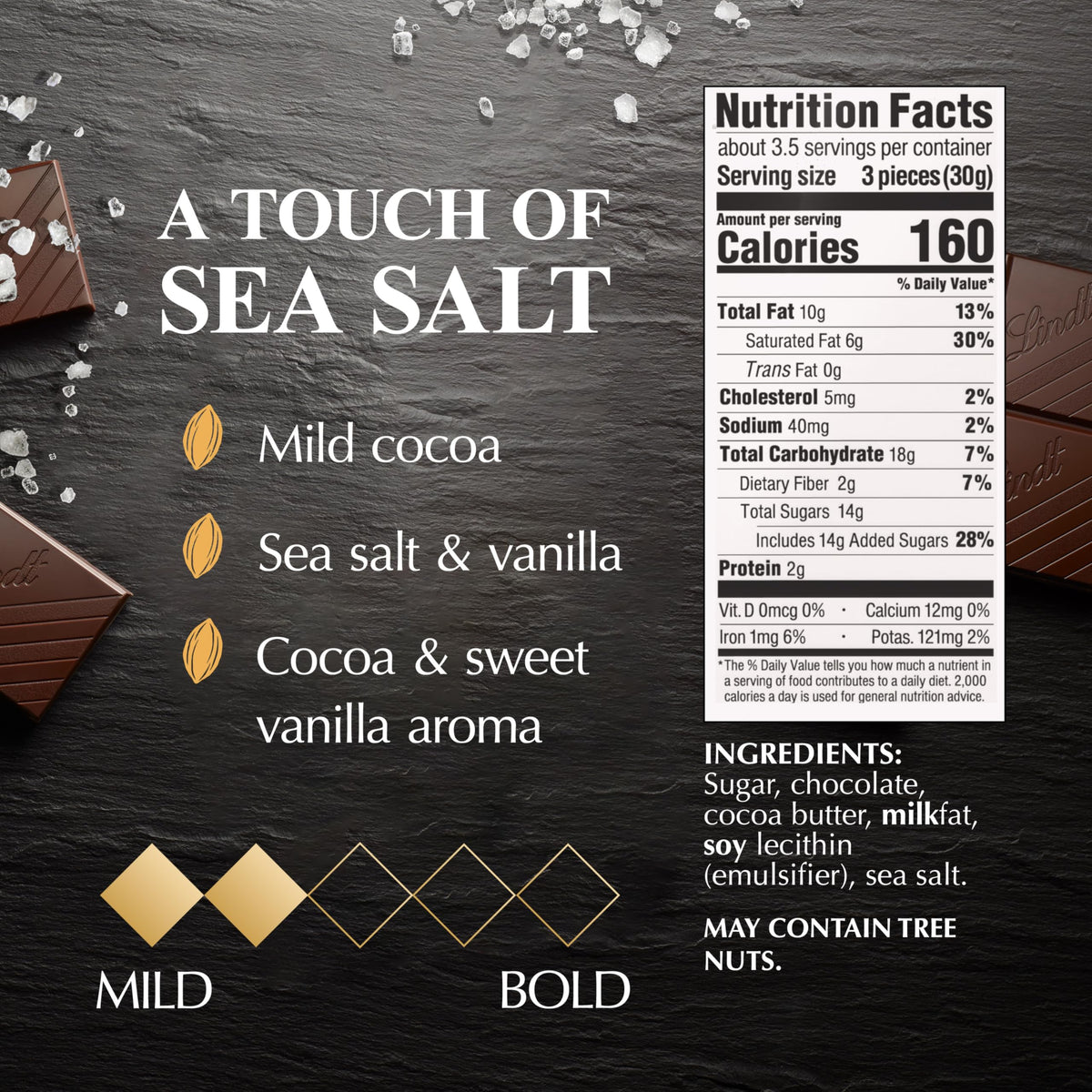 Lindt EXCELLENCE Sea Salt square bites illustrate balanced flavor per piece.