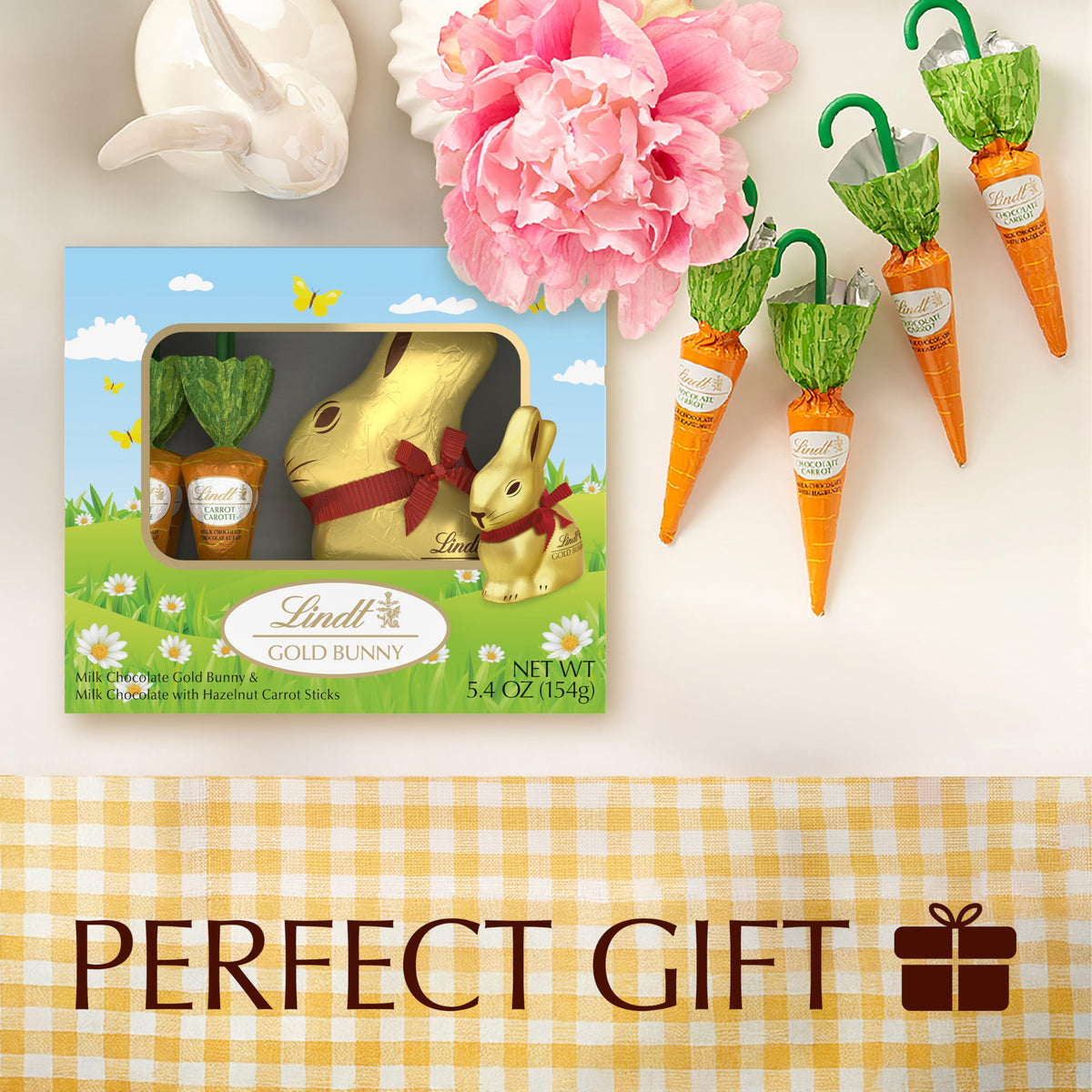 GOLD BUNNY with gold foil wrap and red ribbon packaging for Easter.