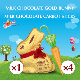 Lindt GOLD BUNNY on gold foil with festive packaging for Easter.