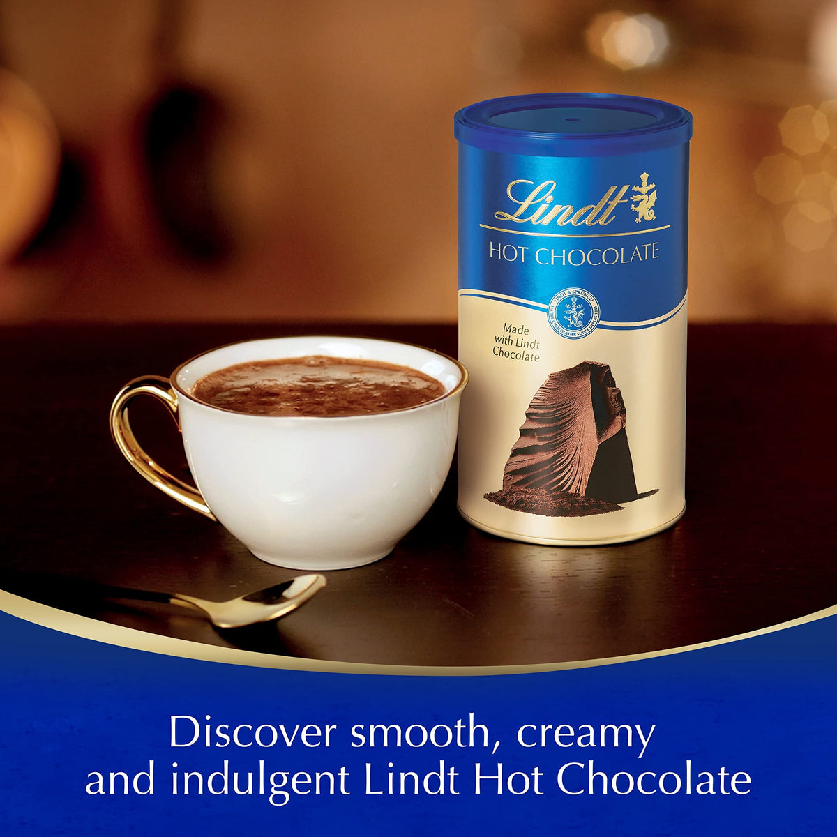 Lindt hot chocolate cocoa powder pack demonstrates easy-to-mix indulgence