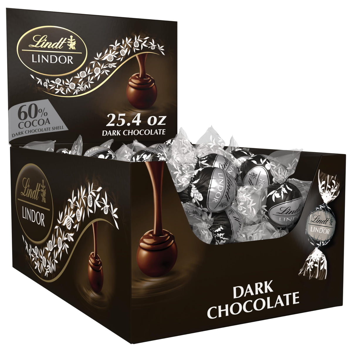 Lindt Lindor 60% dark chocolate truffles shell close-up, premium flavor.