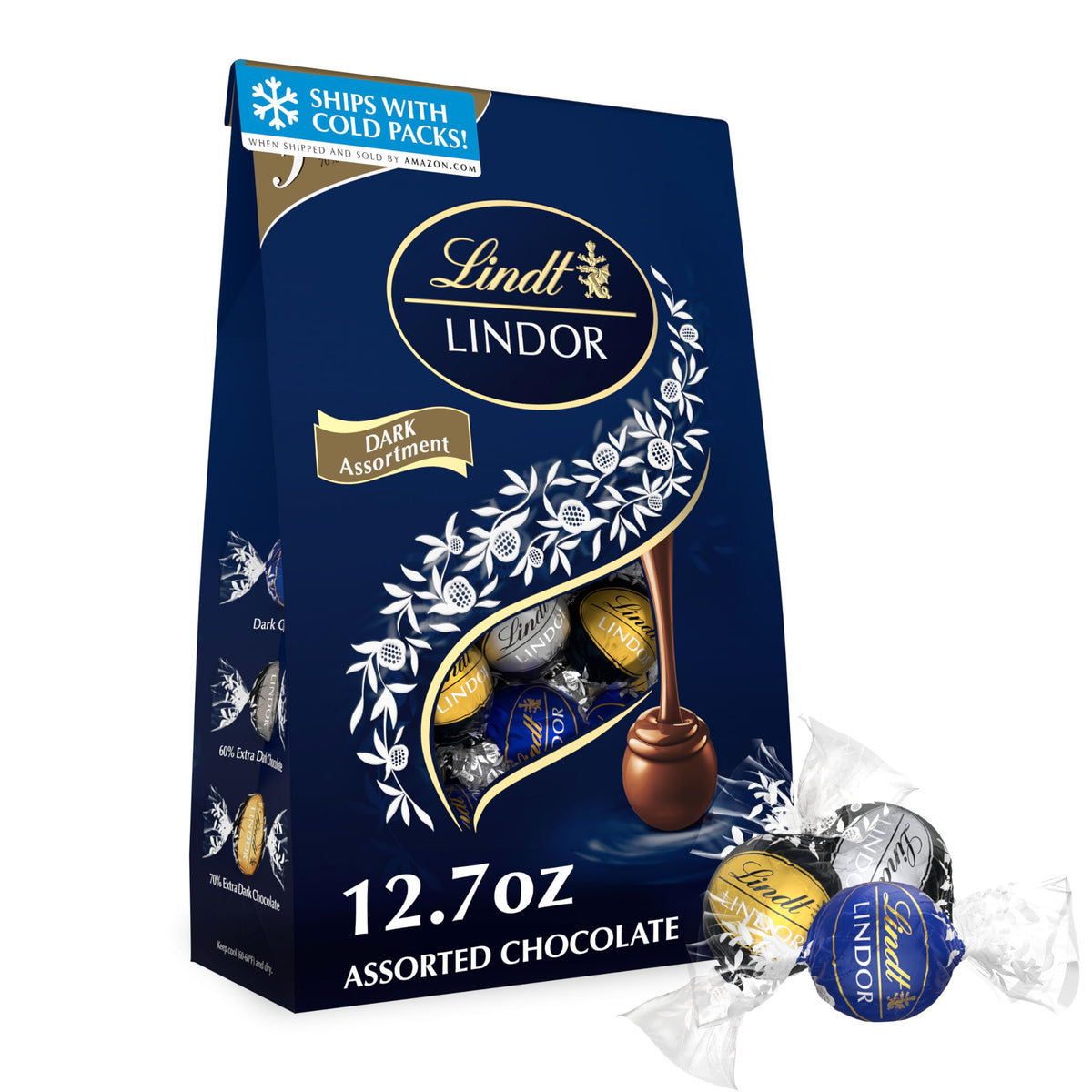 Lindt LINDOR assorted dark chocolate truffles in a 12.7 oz bag for sharing.
