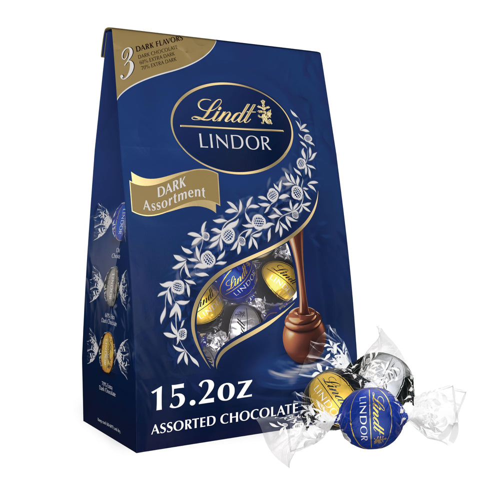 Lindt LINDOR assorted dark chocolate truffles in a 15.2 oz bag, great for sharing.