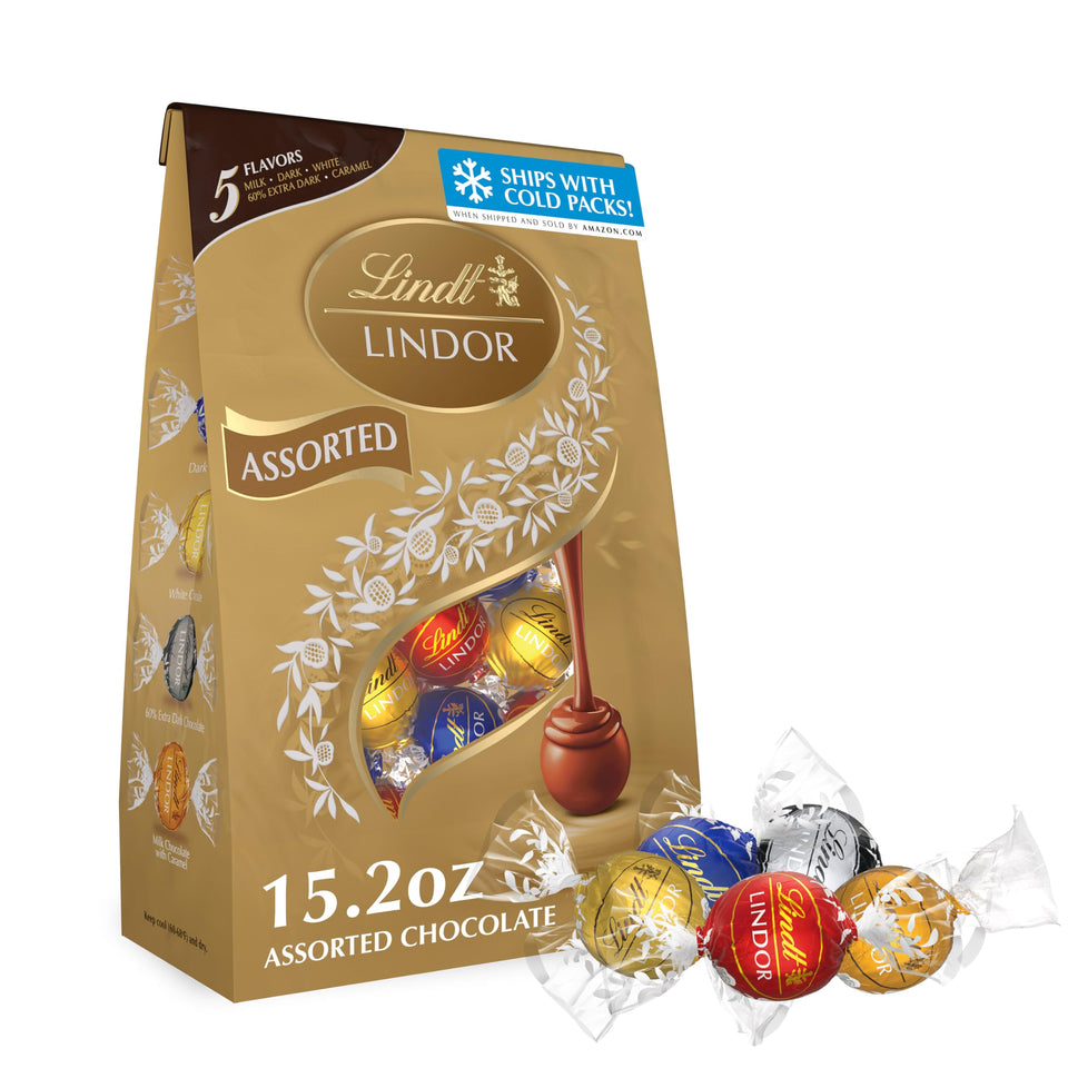 Lindt Lindor assorted truffles bag front, ideal for gifting and sharing.