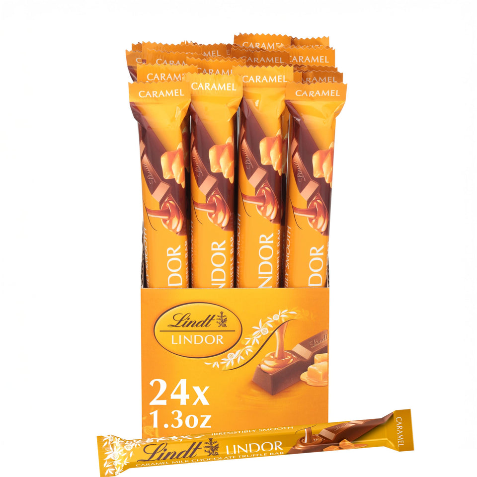 Lindt LINDOR Caramel Milk Chocolate Bar front view, individually wrapped for sharing on the go.