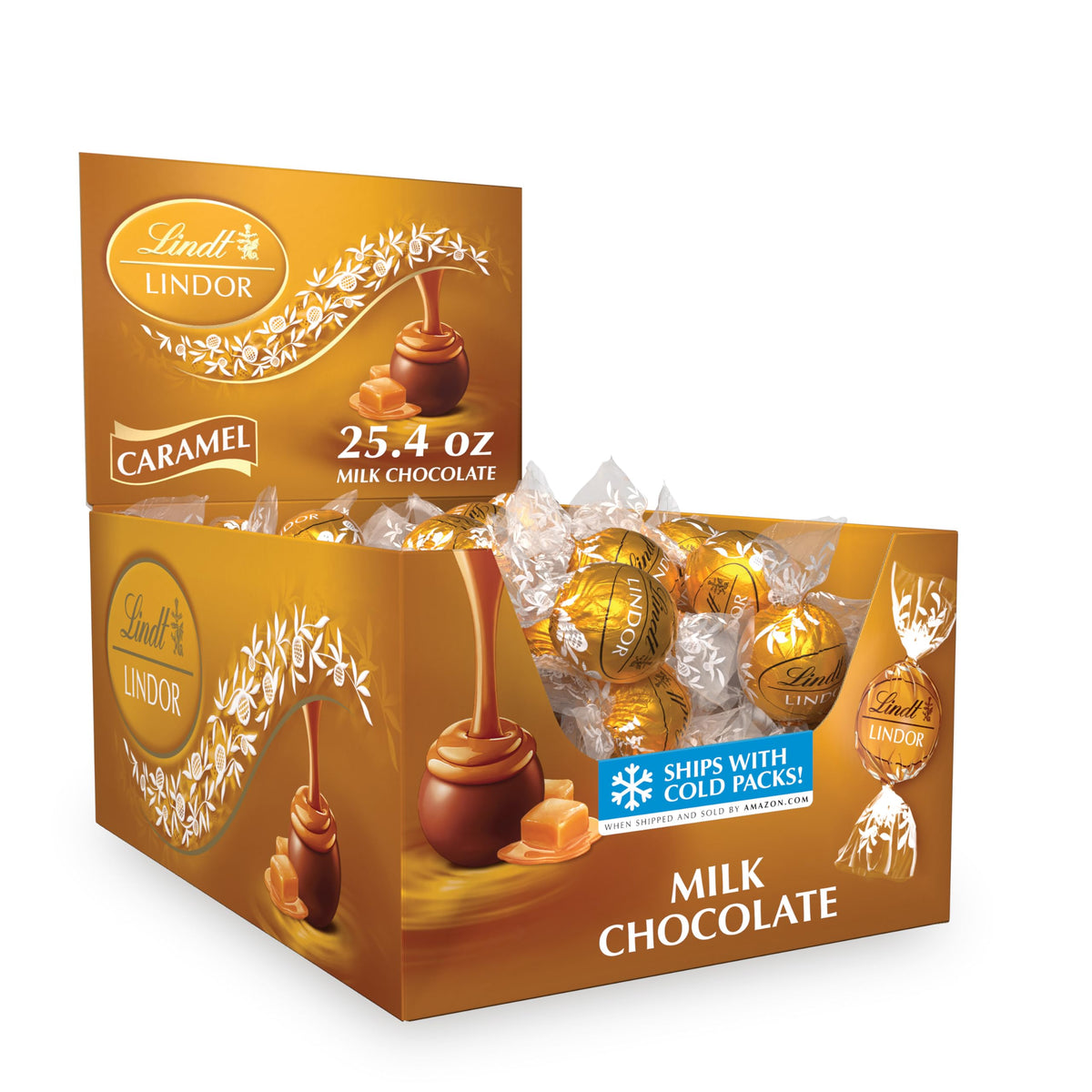 Lindt LINDOR caramel milk chocolate truffles box, ideal for gifting.