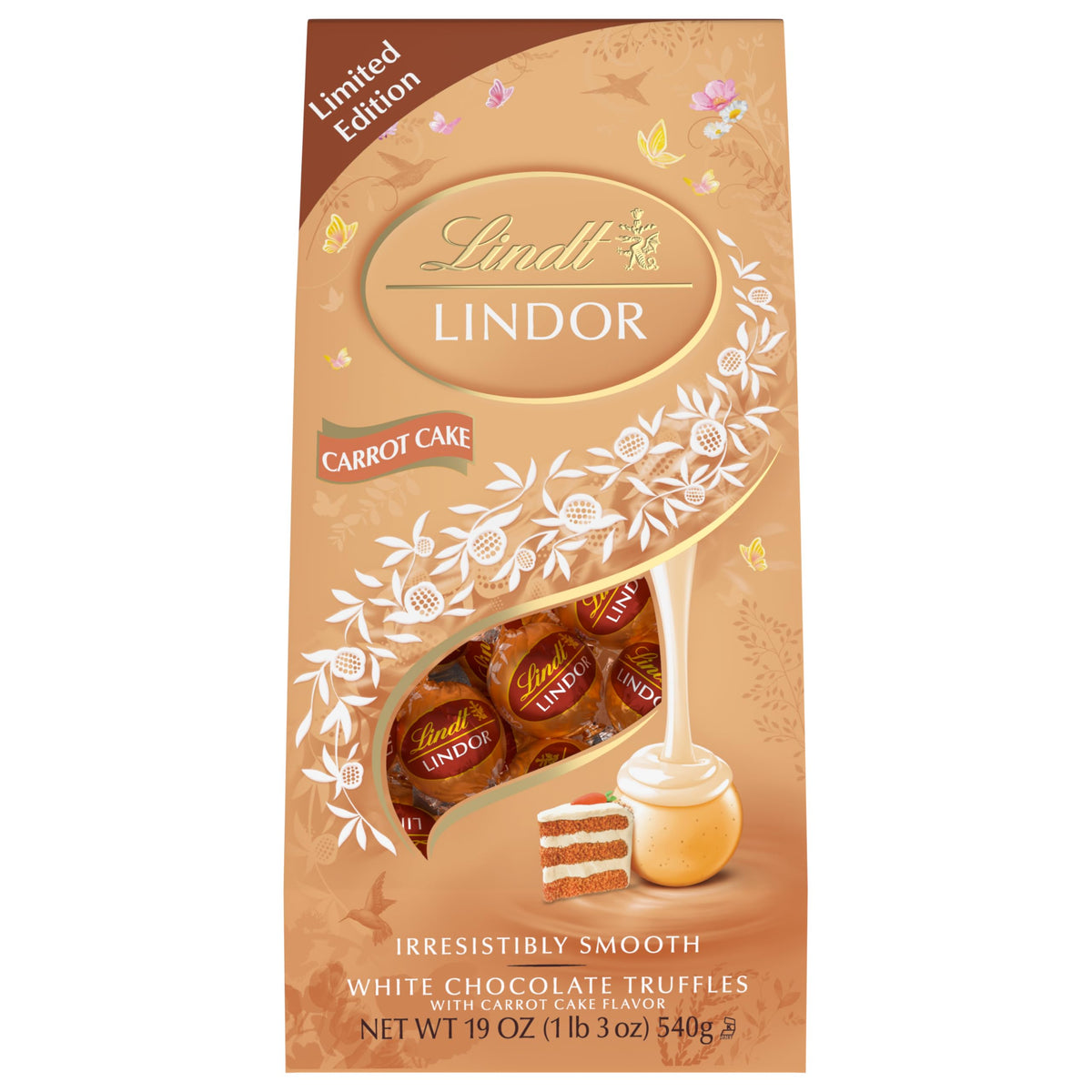 Lindt LINDOR Carrot Cake bag with individual wrappers for convenience and spread.
