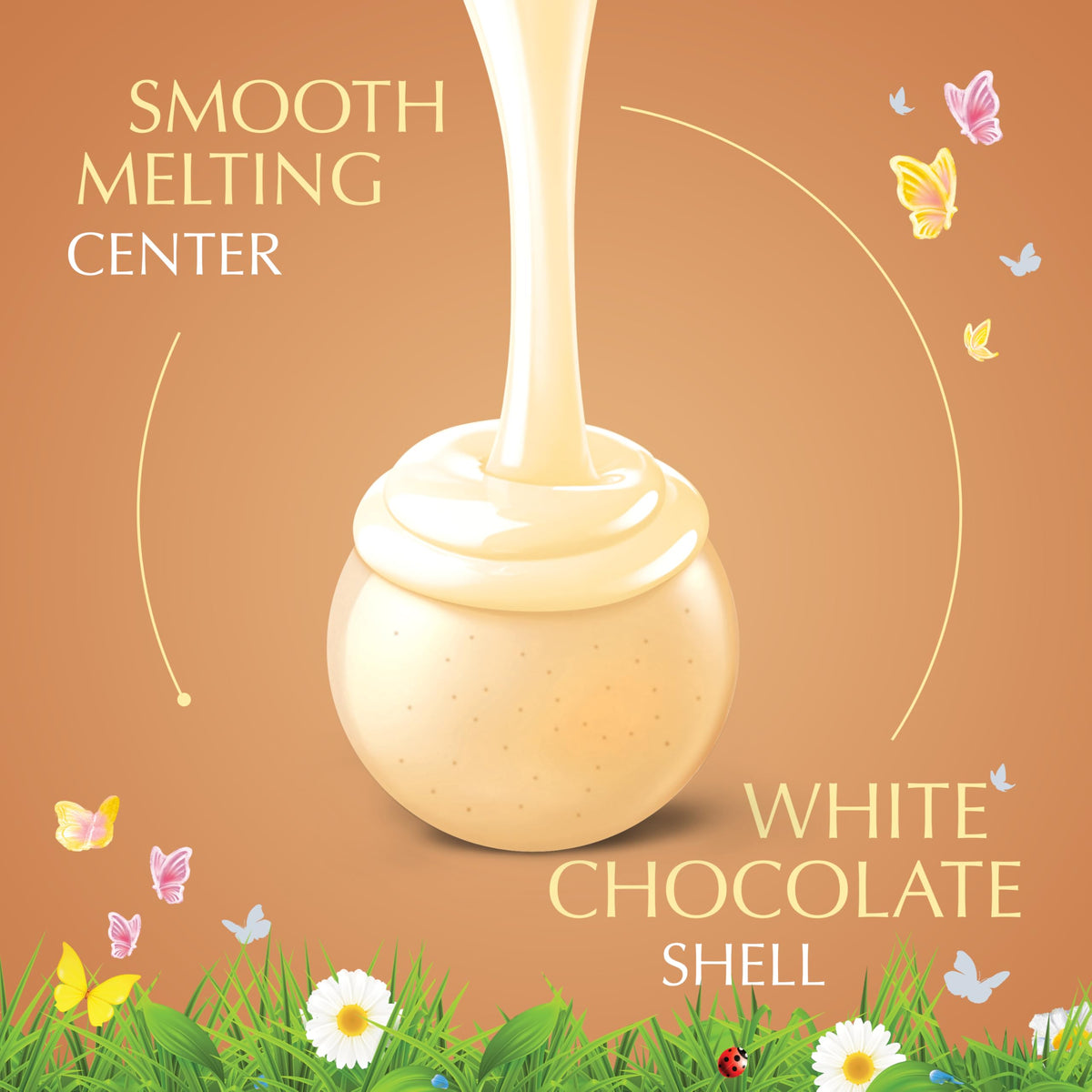 Lindt LINDOR Carrot Cake white chocolate shell close-up showcasing smooth exterior.