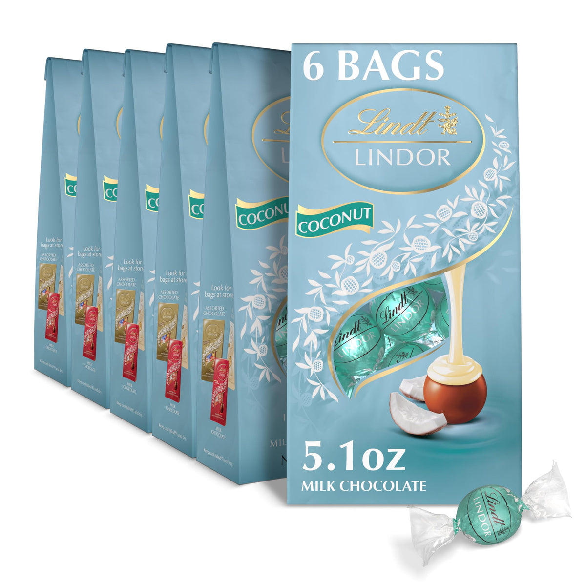 Lindt LINDOR Coconut Milk Truffles pack-6-bags close-up, ideal for sharing.
