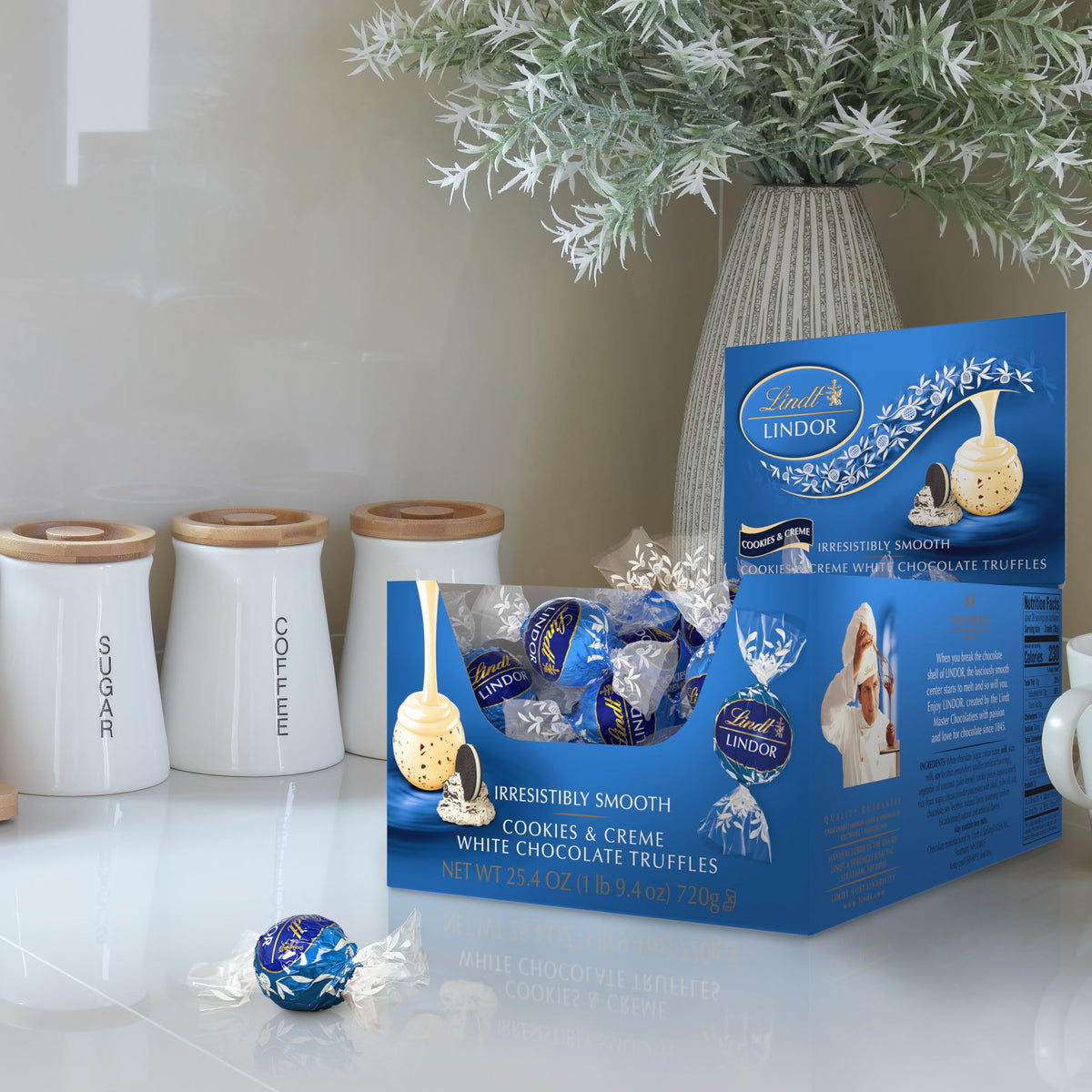 Lindt Lindor Cookies and Creme truffles box side view showcase