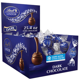 Lindt LINDOR dark chocolate truffles box with 60 individually wrapped treats, ideal for sharing.