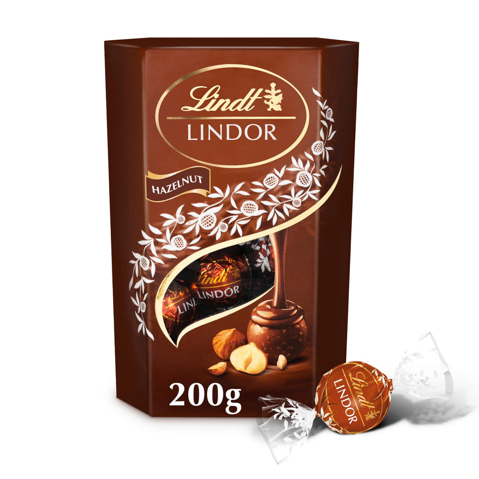 Lindt Lindor Hazelnut 200g pack front, gift-ready presentation of premium truffles.