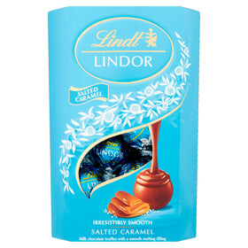 Lindt Lindor Milk Chocolate Salted Caramel Gift Box with gold wrappers, ideal for gifting.