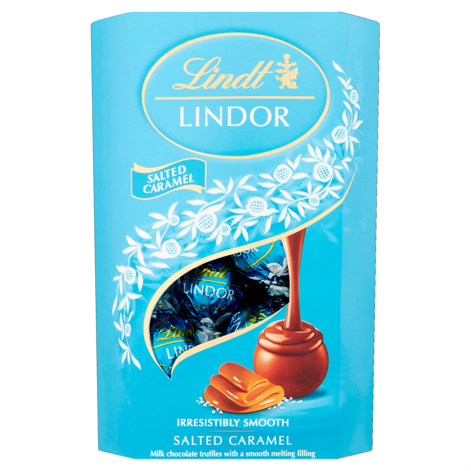 Lindt Lindor Milk Chocolate Salted Caramel Gift Box with gold wrappers, ideal for gifting.