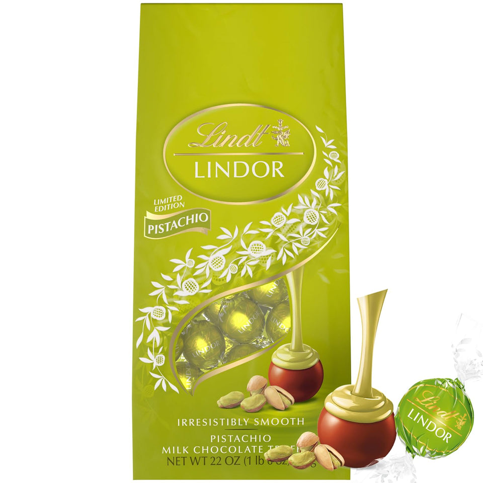 Lindt Lindor Pistachio milk chocolate truffles shell close-up showing smooth melt