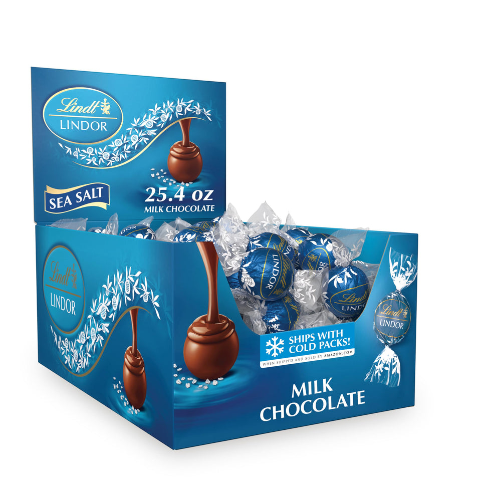 Lindt LINDOR sea salt milk chocolate truffles box for sharing and gifting, premium indulgence.