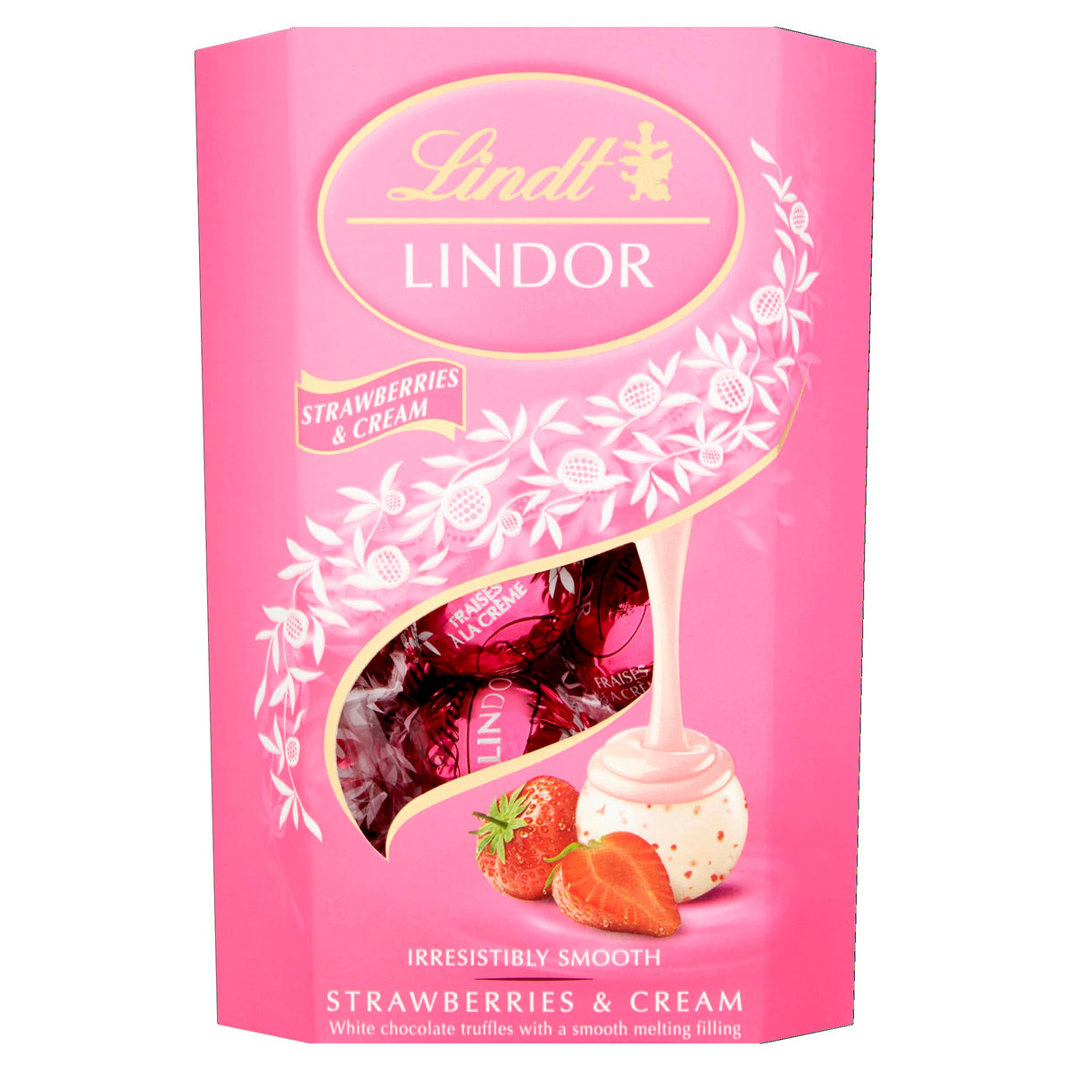 Lindt Lindor Strawberries & Cream truffles in a decorative gift box.