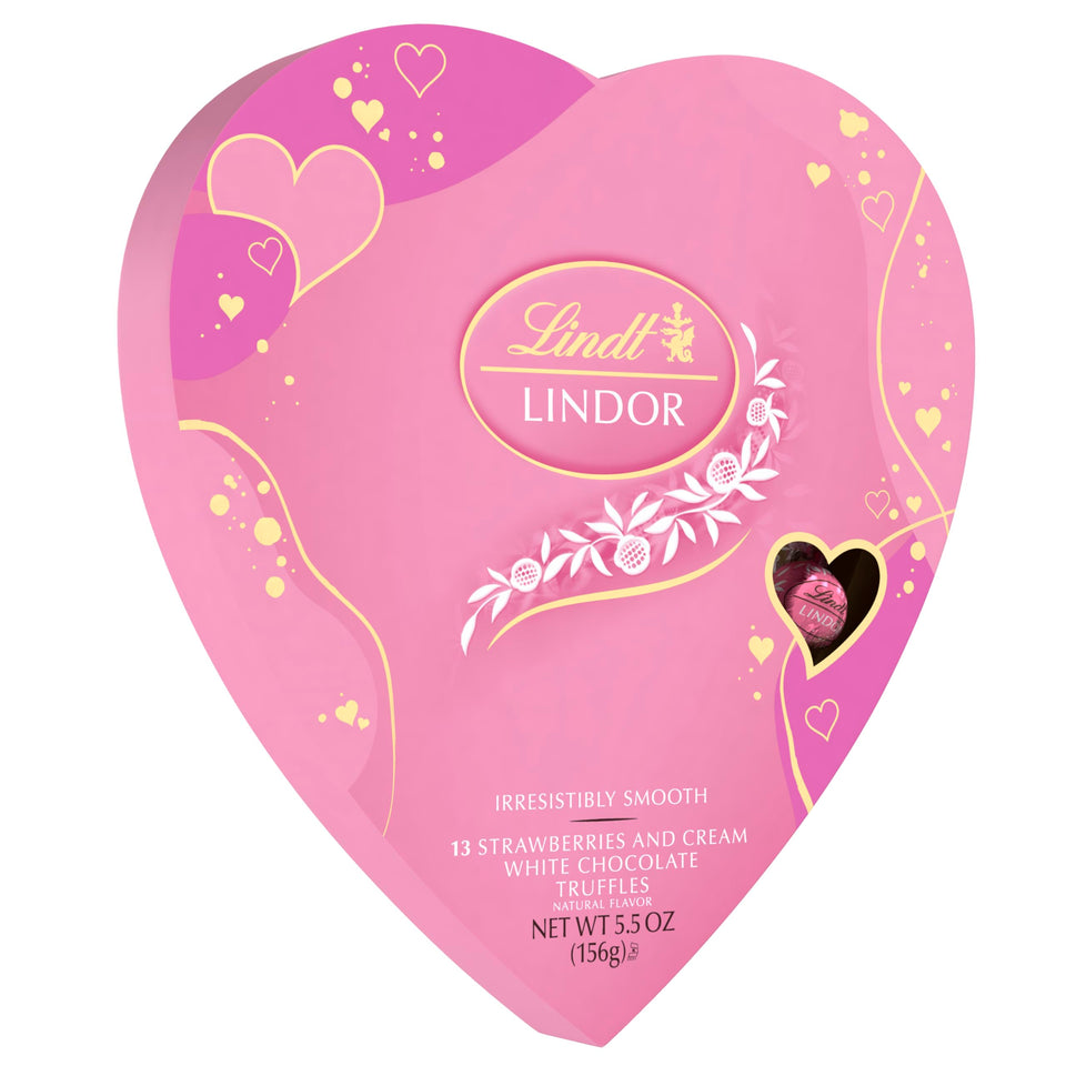 Lindt Lindor Valentine's strawberries and cream heart box, a romantic gift idea.