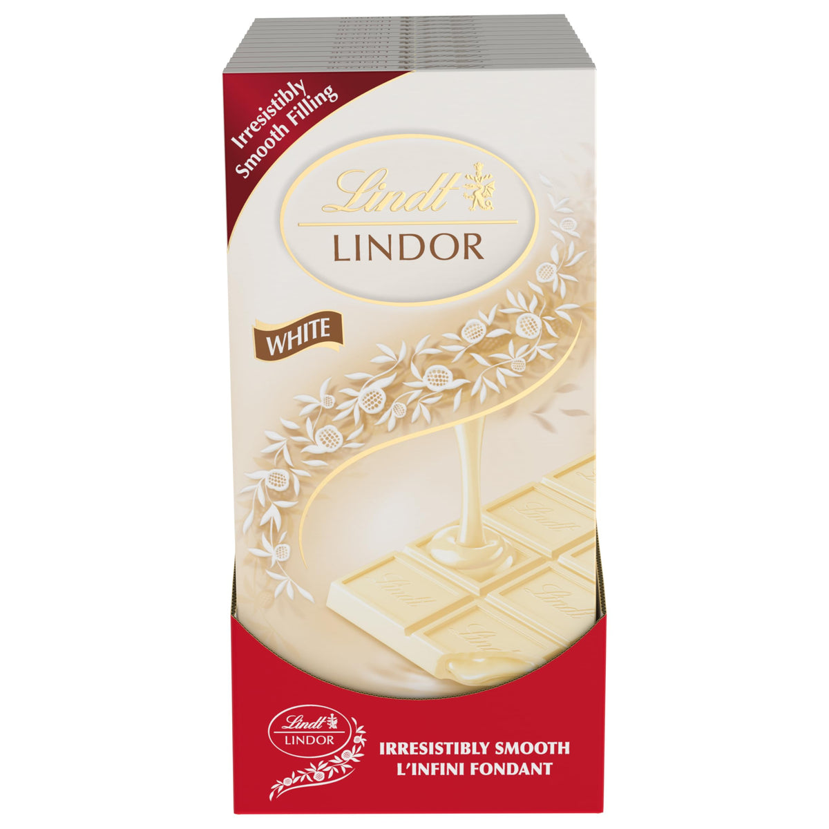 Elegant packaging detail of Lindt Lindor white chocolate bar, gift-ready presentation