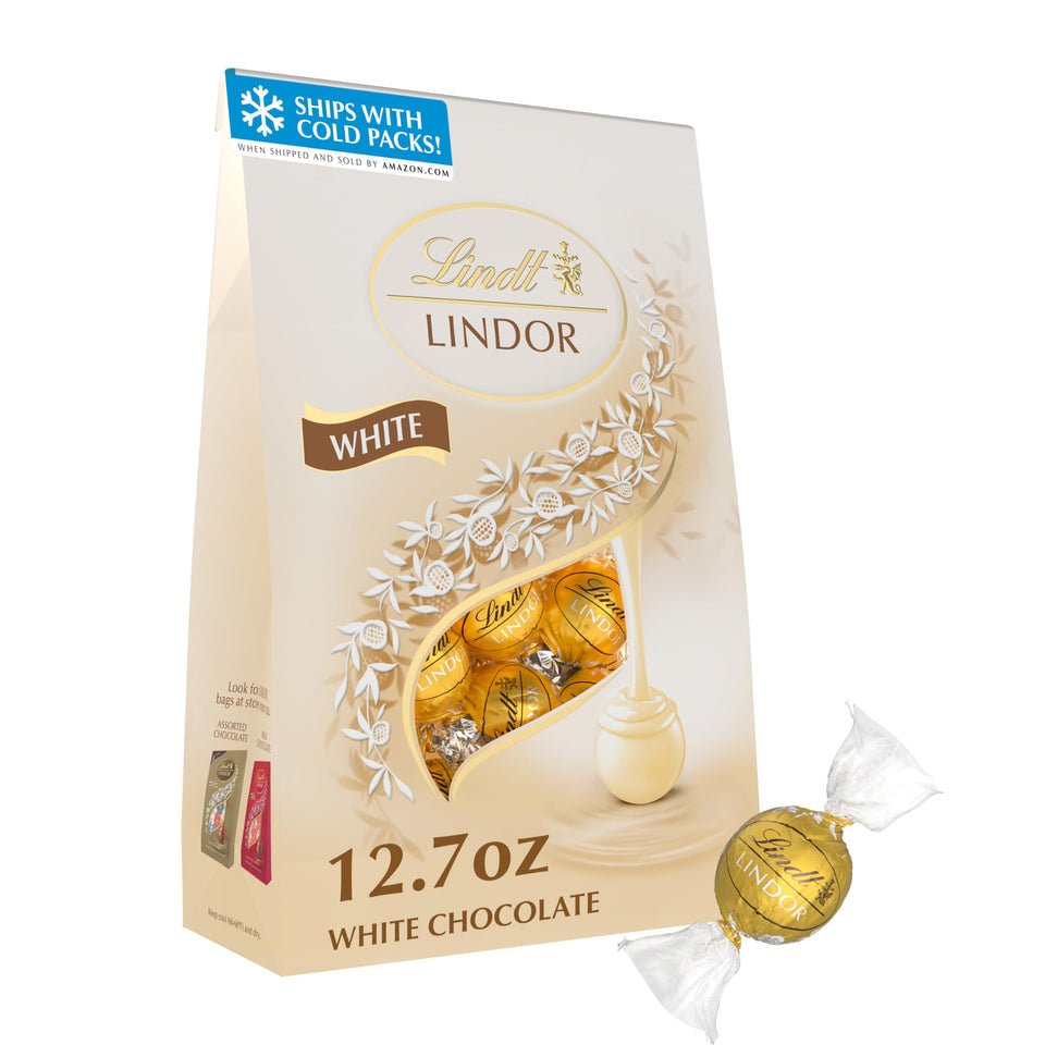 Lindt Lindor White Truffles bag on display, premium gift option.