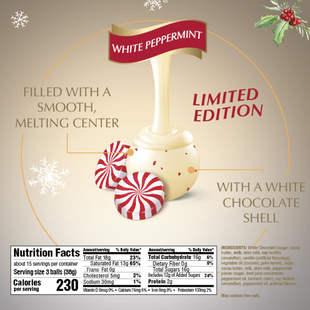 Lindt LINDOR White Peppermint Truffles cross-section reveals smooth peppermint center.