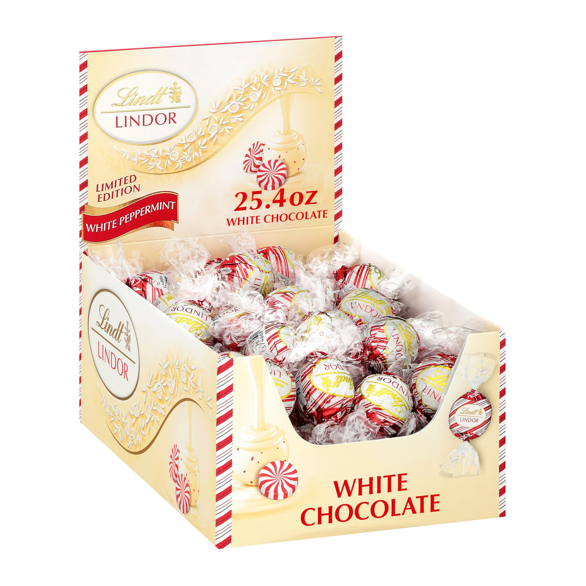 Lindt LINDOR packaging on a festive display, ideal for gifting.
