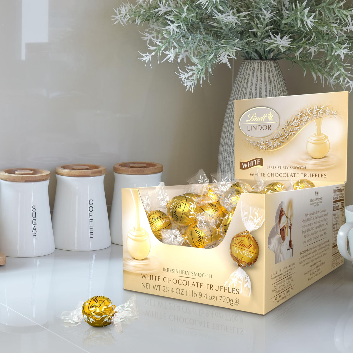 Lindt LINDOR White Truffles melting center close-up for a silky melt